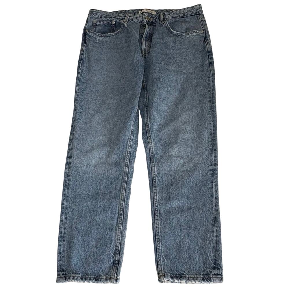 Zara Stone Wash Button Fly Jeans High Rise Straight Leg Women's 34 Blue